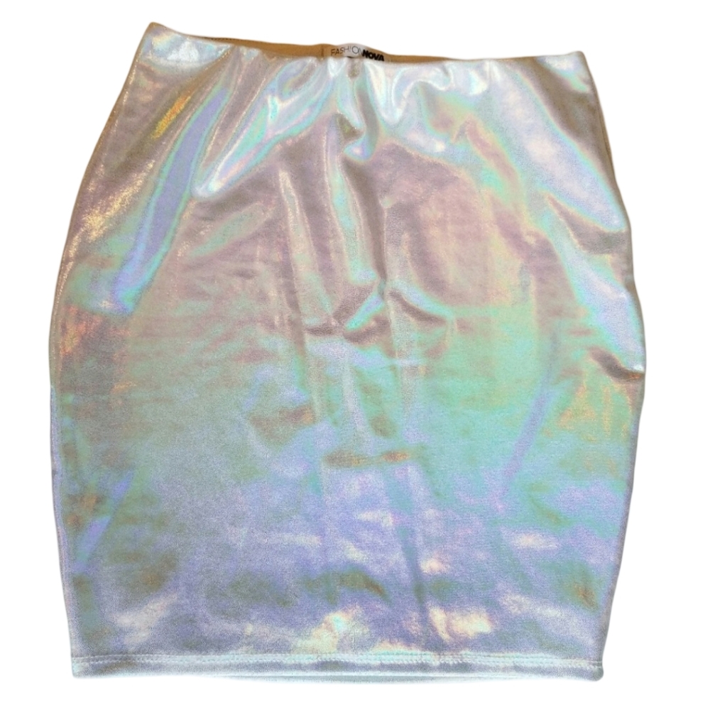 Holographic Mini Bodycon Skirt Size SMALL Stretchy Rainbow Metallic Y2K PARTY - Picture 5 of 6